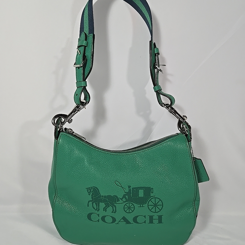 Coach Green Leather Shoulder Bag with Striped Fabric Strap
